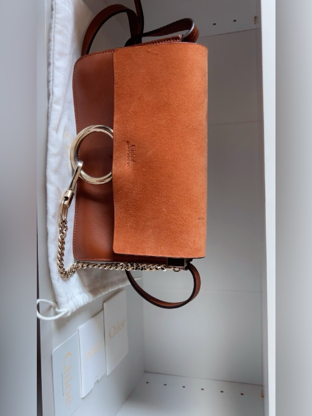 Authentic Chloe Suede & Leather Crossbody Faye Bag in Cognac Brown